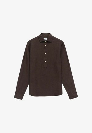 Langarmhemd aus dunkelbraunem Leinen mit Kragen und einer knöpfbaren Leiste mit fünf Knöpfen. Hat einen geraden Saum und leicht geraffte Ärmel.