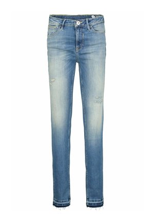 Lichtblauwe denim jeans met een slim fit, met verwerkte details op de knieën en een rafelige zoom. Met knoop- en ritssluiting.