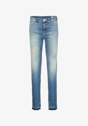 Jean en denim bleu clair avec une coupe slim, présentant des détails déchirés aux genoux et un ourlet effiloché. Fermeture à bouton et zip.