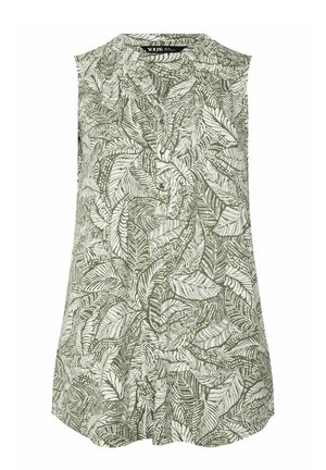 Ærmeløs bluse med grønt og hvidt bladmønster, V-hals med knapstolpe og krave, størrelse UK 18.