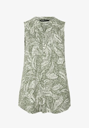 Ærmeløs bluse med grønt og hvidt bladmønster, V-hals med knapstolpe og krave, størrelse UK 18.