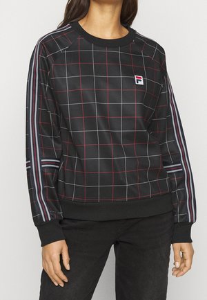 Felpa nera a maniche lunghe con un motivo a griglia bianca e rossa. Presenta polsini e orlo a coste, insieme a strisce colorate sulle maniche.