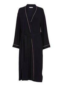 Zwarte rok gemaakt van zachte stof, met een wikkelontwerp, lange mouwen, een strik taille en contrasterende roze piping langs de randen.