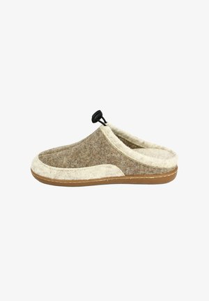 Braune und cremefarbene Wollschlüpfschuhe mit weicher Textur, elastischem Zugverschluss und Gummisohle. Entworfen als Slipper für einfaches Tragen.