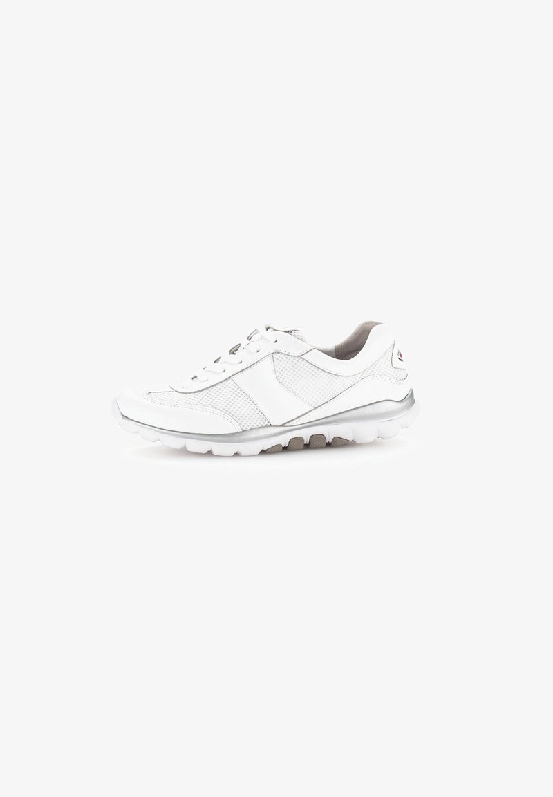 White athletic shoes with a mesh upper, smooth synthetic accents, and a cushioned sole. Features a lace-up design and round toe.