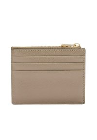 Beżowy skórzany portfel na karty z czterema przegródkami na karty oraz zamykaną na suwak przegrodą u góry. Teksturowana powierzchnia z akcentami w odcieniu złota.
