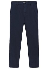 Námořnické modré kalhoty rovného střihu s knoflíkovým a zipovým zapínáním, bočními kapsami a poutky na pásek.