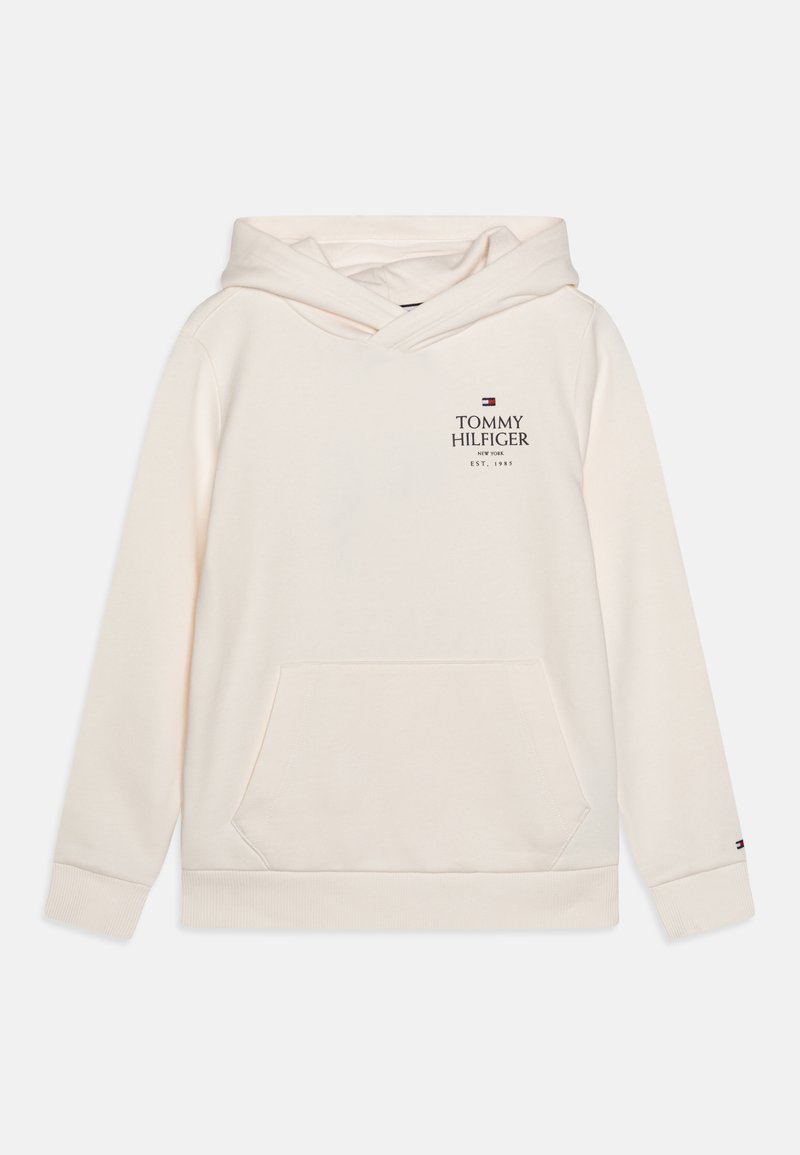 Felpa con cappuccio beige chiaro realizzata in tessuto morbido. Presenta una tasca frontale, stampa del logo e polsini a coste. Design semplice e vestibilità comoda.