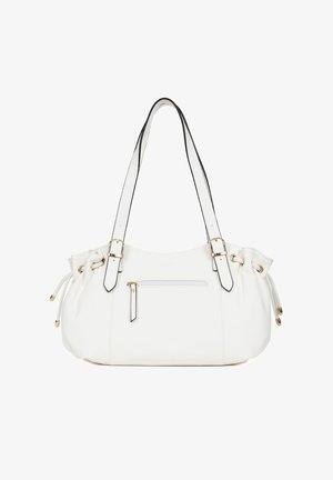 Weiße Kunstledertasche mit runder Form, doppelten Schulterriemen, goldenen Beschlägen, Zugbandakzenten und einer vorderen Reißverschlusstasche.