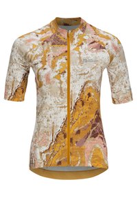 Kurze Ärmel Fahrradtrikot mit einem mehrfarbigen, abstrakten Muster in Gelb, Pink und Braun. Hergestellt aus einem leichten, feuchtigkeitstransportierenden Material.