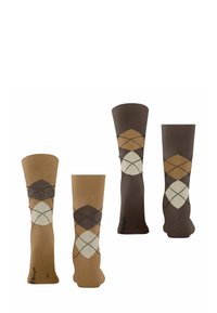 Chaussettes montantes avec un motif argyle dans des couleurs beige, marron et crème. Texture lisse avec des bords côtelés et des orteils renforcés.