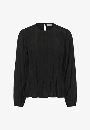 Black long-sleeve blouse with a round neckline, featuring vertical pleats and a buttoned keyhole back. Smooth, lightweight fabric.