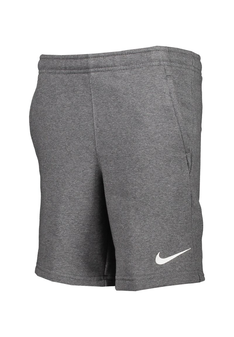 Pantalones cortos deportivos grises hechos de una tela suave, con una cinturilla elástica, bolsillos laterales y un logotipo de Nike en blanco en la parte inferior izquierda.
