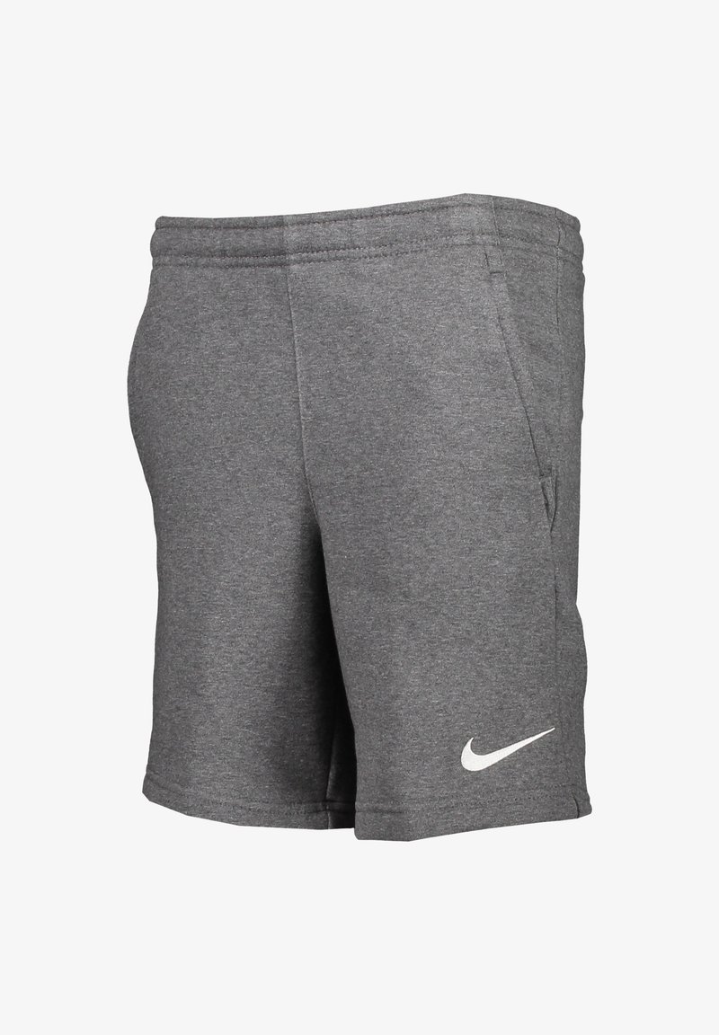 Pantalones cortos deportivos grises hechos de una tela suave, con una cinturilla elástica, bolsillos laterales y un logotipo de Nike en blanco en la parte inferior izquierda.