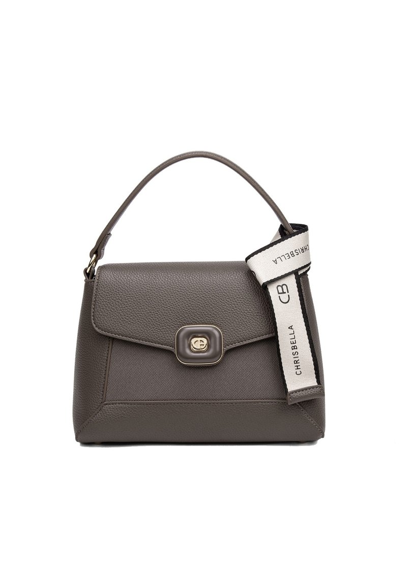 Borsa grigia con texture in pelle con ciottoli, design strutturato, impugnatura superiore, hardware color oro e un'etichetta in tessuto con il nome del marchio.