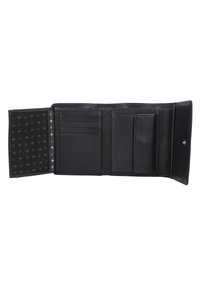Portafoglio in pelle nera con diversi scomparti per carte, un vano per contanti e una fodera decorata. Presenta una chiusura a scatto sicura.