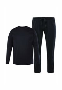 Maglietta nera a maniche lunghe e pantaloni abbinati, con una texture morbida e una cintura elastica con cordino. Design semplice e classico.
