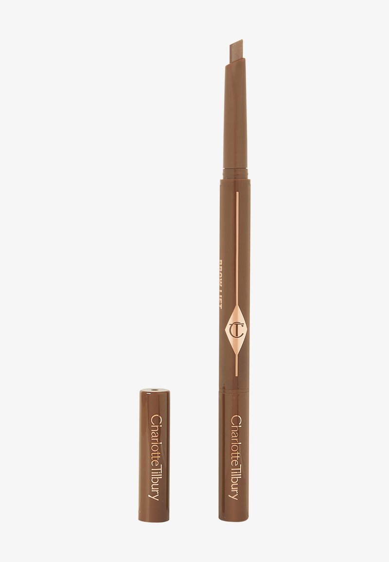 Brown eyebrow pencil with a rectangular tip, featuring a twist mechanism and a matching cap. Accented with gold branding on the barrel.