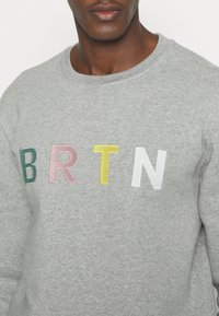Sweatshirt grigio chiaro con lettere ricamate multicolori "BRTN" in verde, rosa, giallo e bianco, con un design classico a girocollo.