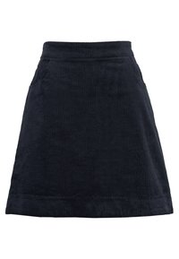 Donkerblauwe corduroy A-lijn rok met een hoge taille, voorzien van twee zijzakken en een subtiele ribbelstructuur voor extra diepte.
