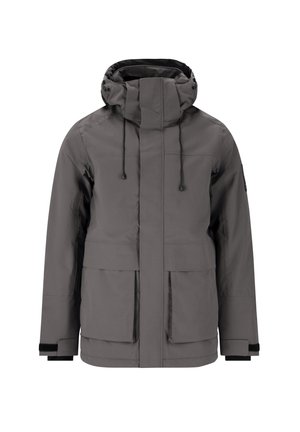 Grå vandtæt jakke med høj krave, justerbar hætte, frontlynlås og to store lommer. Har elastiske manchetter og et slankt, minimalistisk design.