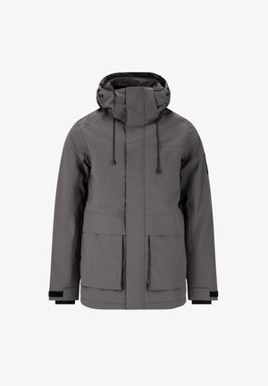 Grå vandtæt jakke med høj krave, justerbar hætte, frontlynlås og to store lommer. Har elastiske manchetter og et slankt, minimalistisk design.