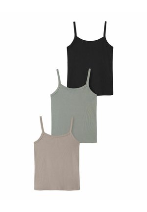 Tre ærmeløse undertrøjer med tynde stropper i sort, salviegrøn og beige, arrangeret vertikalt på en hvid baggrund.