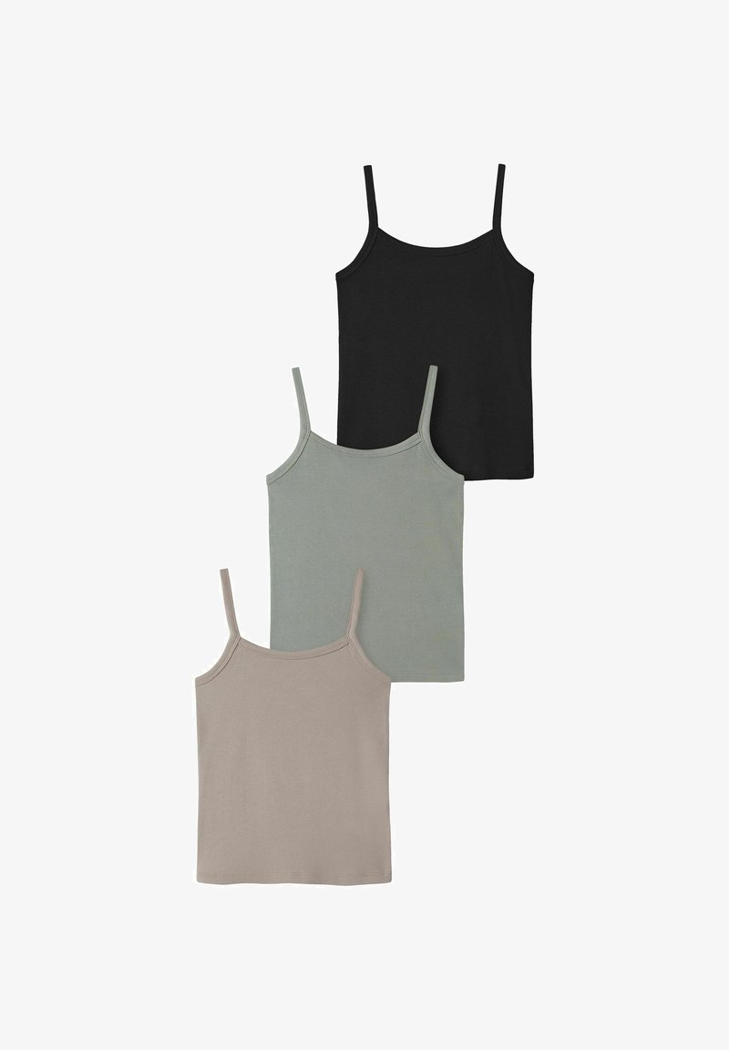 Trois camisoles sans manches avec fines bretelles en noir, vert sauge et beige, disposées verticalement sur un fond blanc.