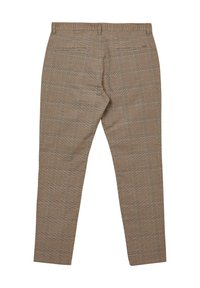 Braune karierte Hose aus strukturiertem Stoff, taillierte Passform und zwei Gesäßtaschen mit flachem Vorderteil.