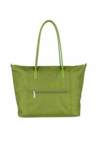 Sac en tissu vert avec de longues poignées, comportant une poche frontale zippée et une texture lisse. Le design est spacieux et rectangulaire.