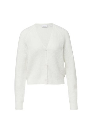 White knit cardigan with a V-neck, long sleeves, and five buttons down the front. Textured fabric with a cropped design.
