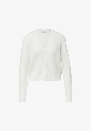 Biała dziergana kardiganka z dekoltem w serek, długimi rękawami i pięcioma guzikami z przodu. Teksturowany materiał o skróconym fasonie.