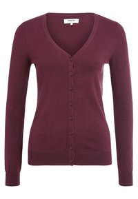 Bordowy kardigan z dekoltem w serek, długimi rękawami i zapięciem na guziki. Posiada ściągacze na mankietach i u dołu, wykonany z miękkiej dzianiny.