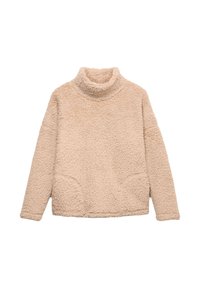 Maglione beige, morbido, con collo alto e tessuto lavorato. Presenta due tasche frontali e una vestibilità rilassata. Maniche lunghe, senza motivi distintivi.