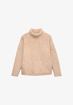 Maglione beige, morbido, con collo alto e tessuto lavorato. Presenta due tasche frontali e una vestibilità rilassata. Maniche lunghe, senza motivi distintivi.