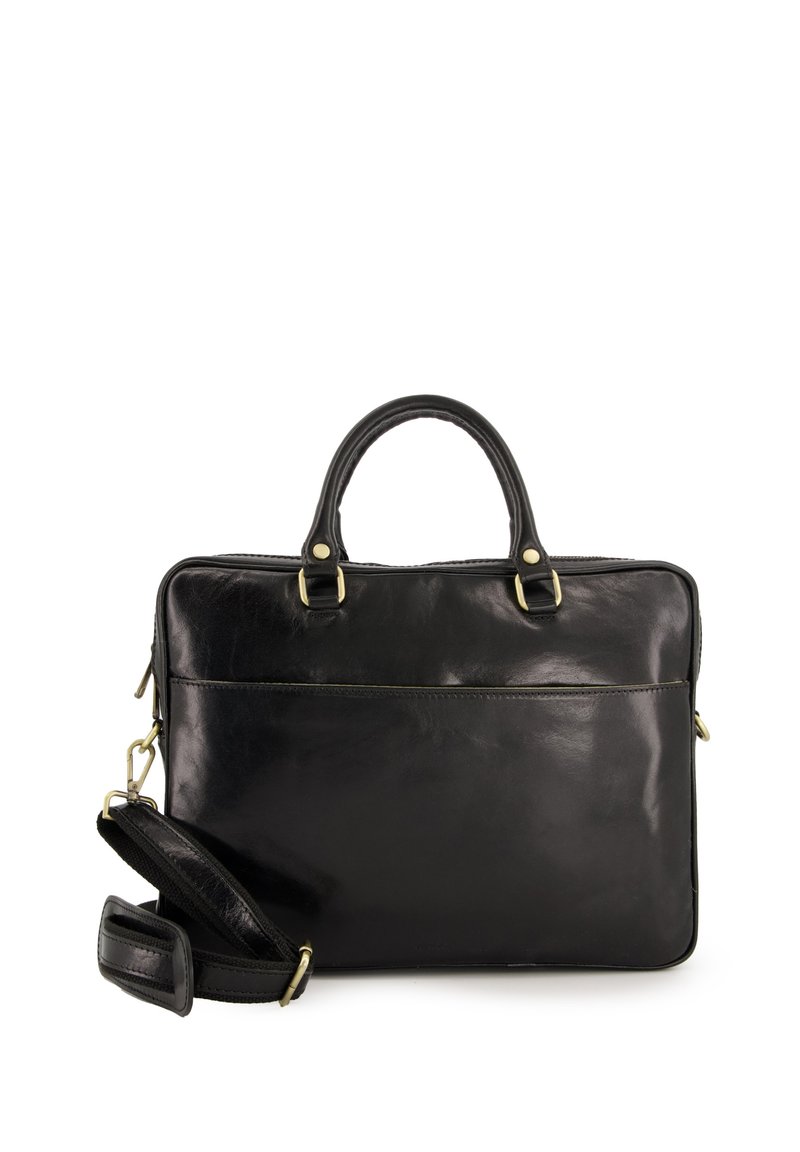 Schwarze Laptop-Tasche aus Leder mit doppelten Griffen, einem abnehmbaren Schultergurt und einer vorderen Reißverschlusstasche mit Akzenten aus goldfarbenem Metall.