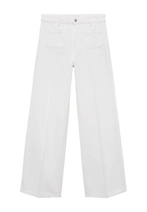 Hvide brede jeans i denim med knap- og lynlåslukning, to forlommer og to baglommer, glat tekstur.