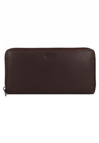 Portefeuille en cuir marron avec une texture lisse, fermeture éclair et logo de marque embossé. Forme rectangulaire avec de subtiles coutures.