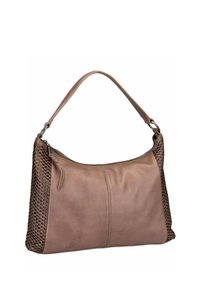 Borsa a spalla in pelle marrone con un ampio scomparto con zip, texture perforata laterale e una maniglia piatta per il trasporto.