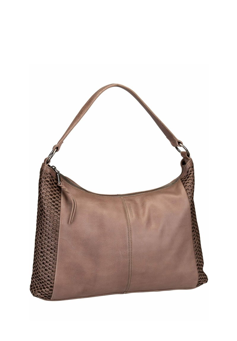 Borsa a spalla in pelle marrone con un ampio scomparto con zip, texture perforata laterale e una maniglia piatta per il trasporto.
