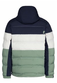 Padded jacket with a hood featuring horizontal stripes in navy, white, and green. Elastic cuffs and hem, with logo detail on the back.