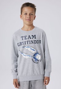 Sudadera gris con el texto "EQUIPO GRYFFINDOR", un gráfico de una snitch dorada y detalles en azul. Hecha de tela suave, con puños acanalados.