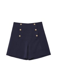 Shorts navy a vita alta realizzati in tessuto liscio, con bottoni dorati sul davanti e due tasche inserite. Davanti piatto con linee nette.