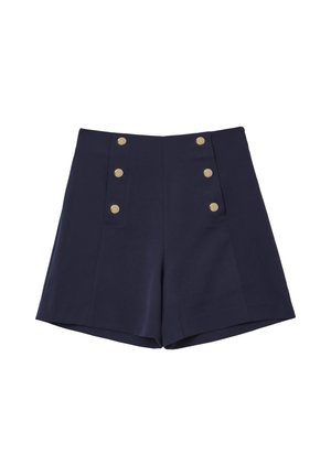 Shorts taille haute bleu marine en tissu lisse, ornés de boutons dorés à l'avant et de deux poches insérées. Devant plat avec des lignes nettes.
