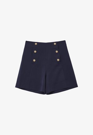Shorts taille haute bleu marine en tissu lisse, ornés de boutons dorés à l'avant et de deux poches insérées. Devant plat avec des lignes nettes.