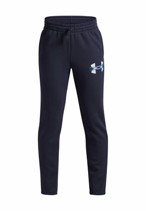 Navy blue sweatpants made of soft fabric, featuring an elastic waistband, cuffed ankles, and a contrasting logo on the left thigh.