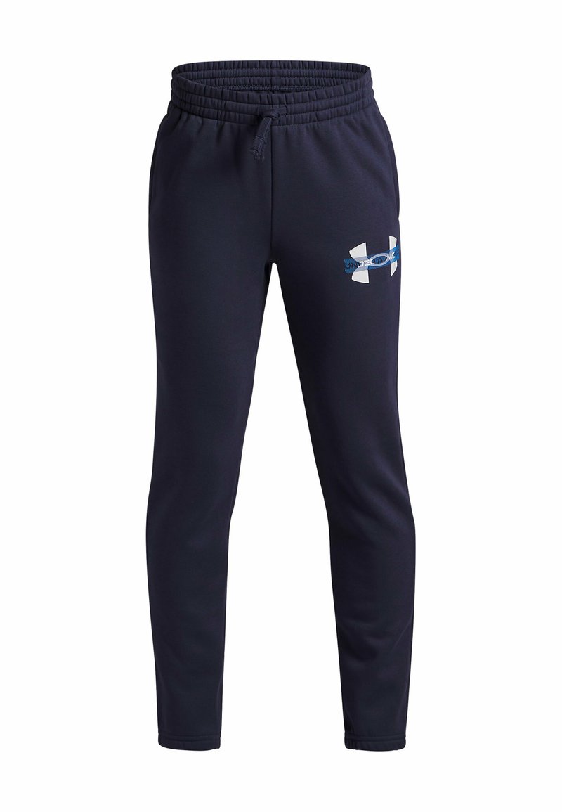 Marineblauwe sweatpants van zacht materiaal, met een elastische tailleband, manchetten aan de enkels en een contrasterend logo op de linker dij.