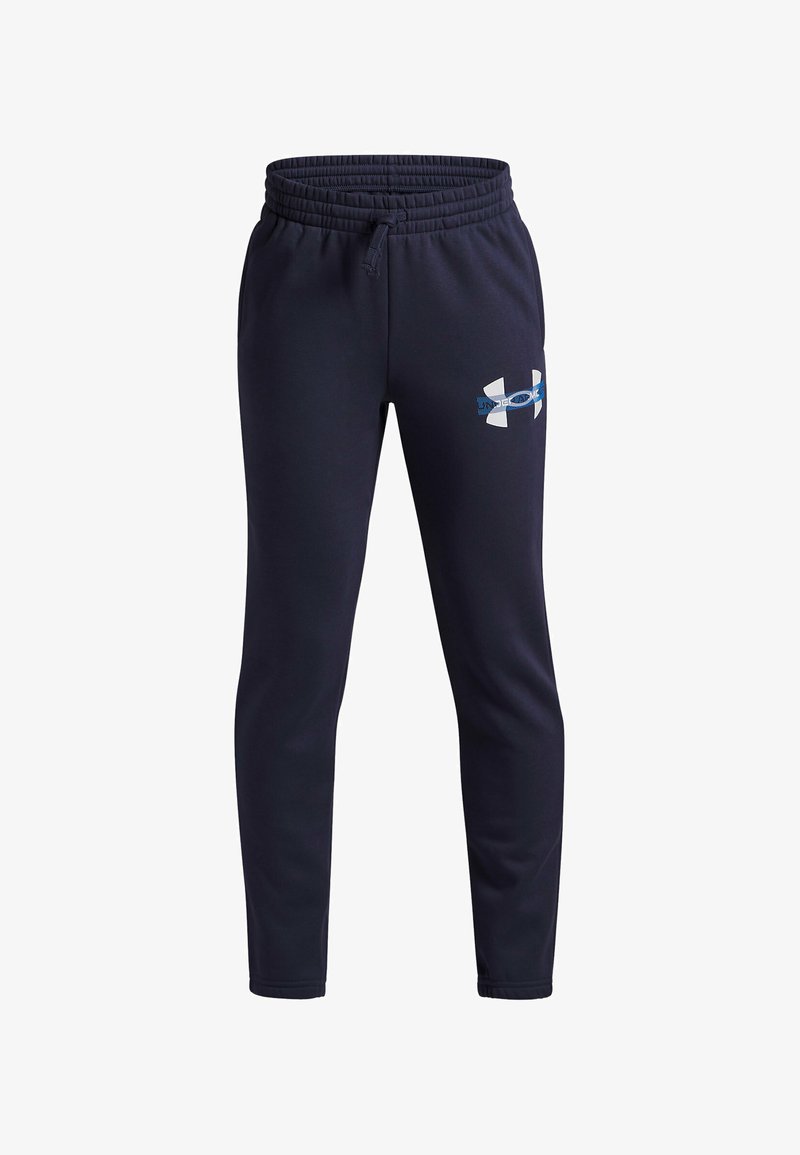 Marineblauwe sweatpants van zacht materiaal, met een elastische tailleband, manchetten aan de enkels en een contrasterend logo op de linker dij.