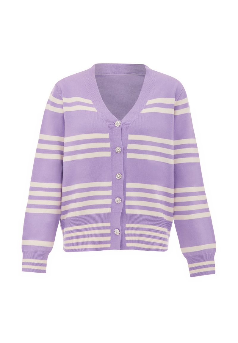 Cardigan lilla con strisce orizzontali bianche, scollo a V e cinque bottoni decorativi davanti. Tessuto a maglia e polsini a costine.
