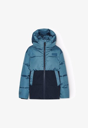 Blau und marineblauer Daunenjacke mit Reißverschluss, hohem Kragen und Kapuze. Verfügt über ein gesteppte Design und eine Brusttasche. Glattes, strukturiertes Material.